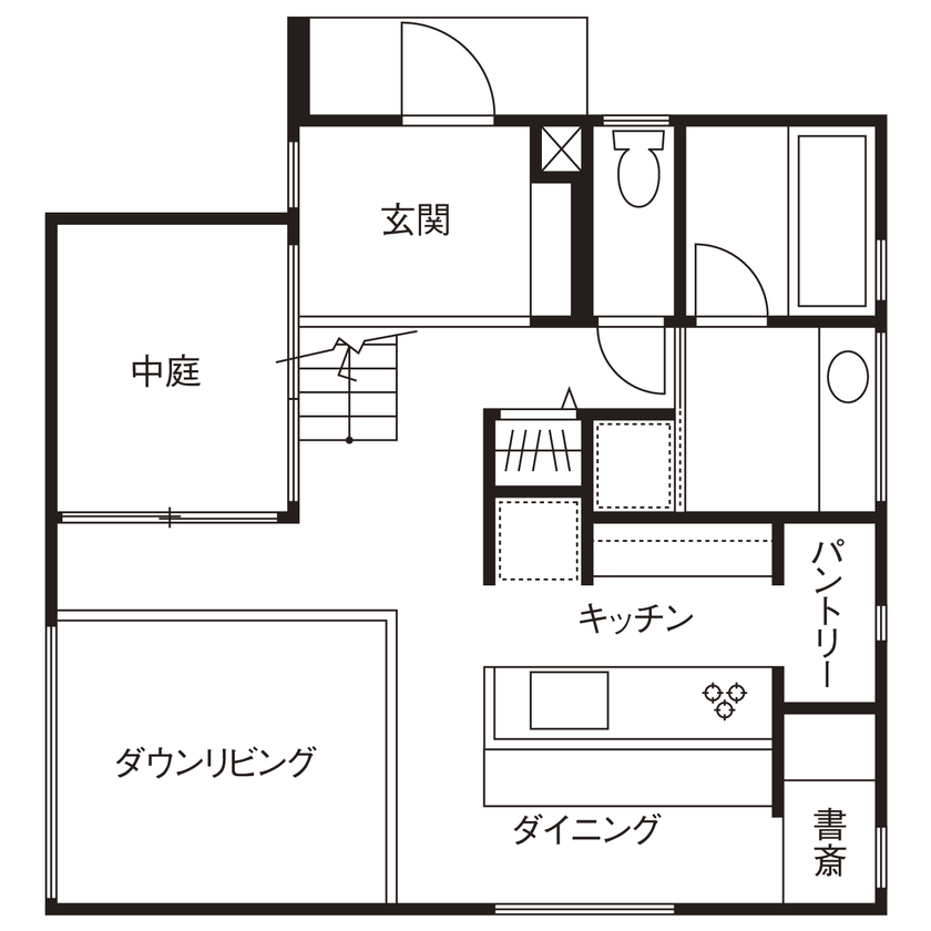 いい家つくる。善匠 【1000万円台｜30坪未満の家｜間取り有】囲まれた中庭やアイアン階段、ダウンリビングのあるコンパクトな家の間取り図（3LDK）１階