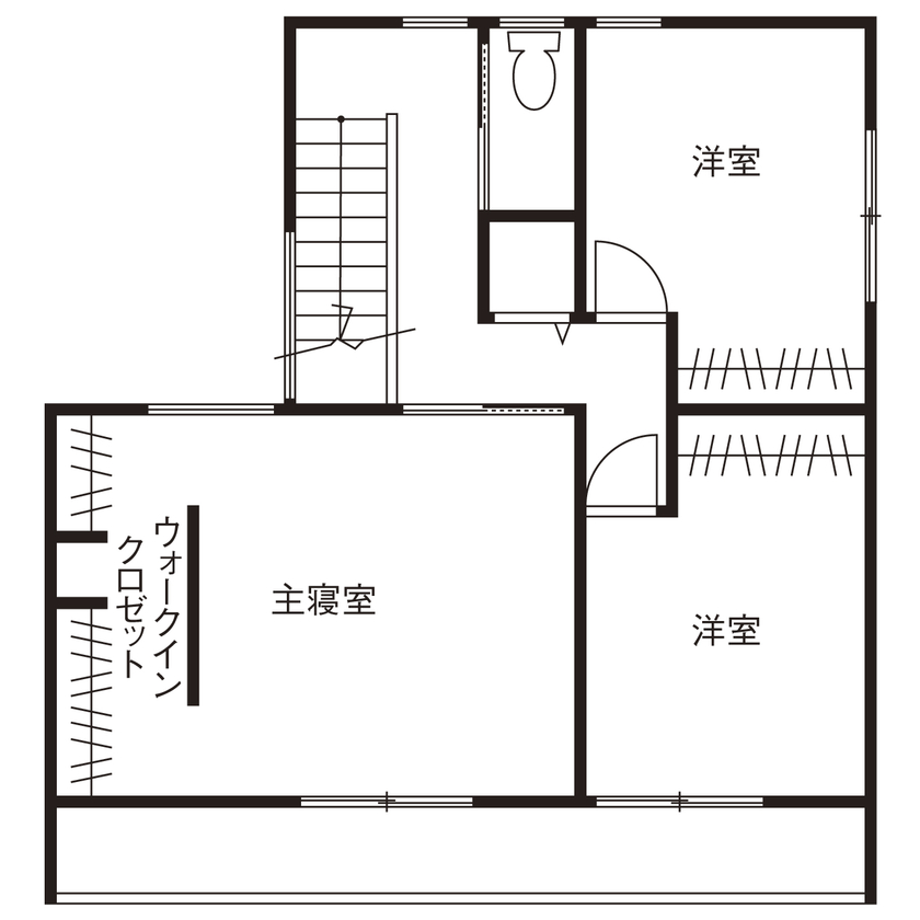 いい家つくる。善匠 【1000万円台｜30坪未満の家｜間取り有】囲まれた中庭やアイアン階段、ダウンリビングのあるコンパクトな家の間取り図（3LDK）２階