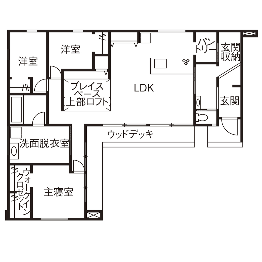 いい家つくる。善匠 【2000万円台|30坪未満のＬ字型平屋|間取り有】開放感たっぷり！広く見せる工夫が満載のコンパクトな平屋の間取り図（3LDK＋ロフト）１階
