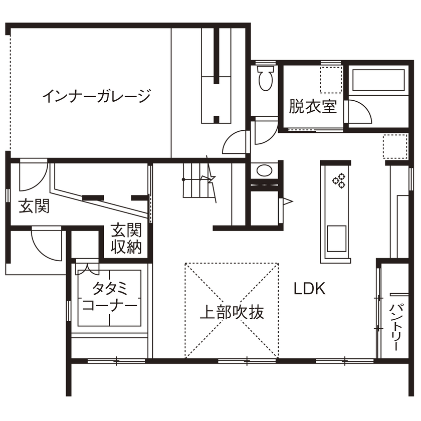 いい家つくる。善匠 【2000万円台｜ガレージハウス｜間取り有】アウトドア好きな夫妻が建てた広い庭×ガレージ×家事ラクな家の間取り図（4LDK）1階
