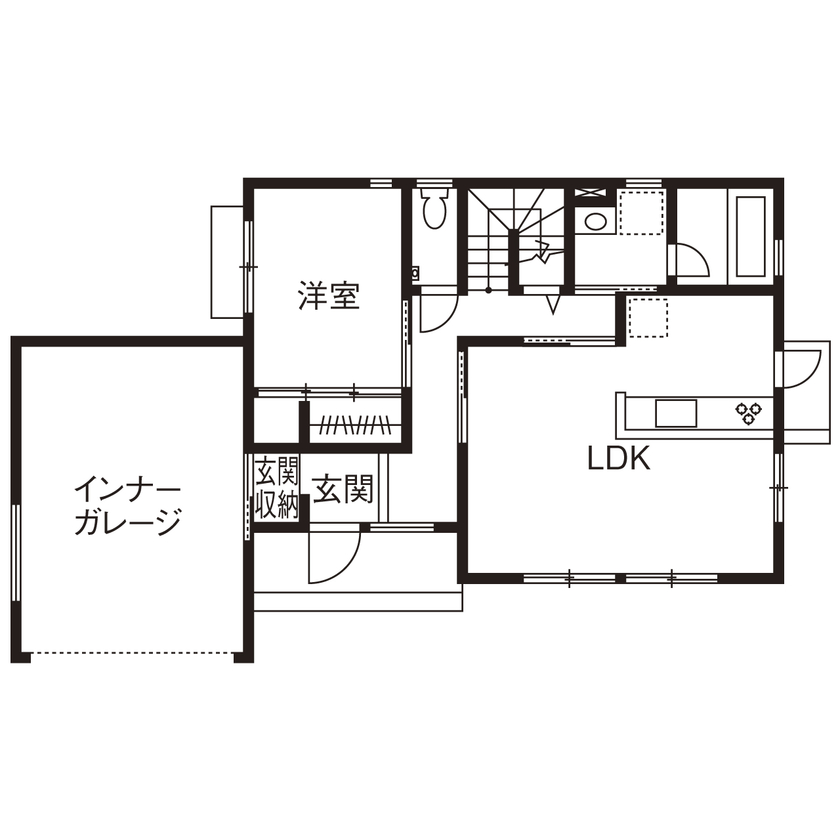いい家つくる。善匠 【2000万円台｜インナーガレージ｜間取り有】外観はかっこよく！20代で建てた木のぬくもりに癒される家の間取り図（4LDK）1階