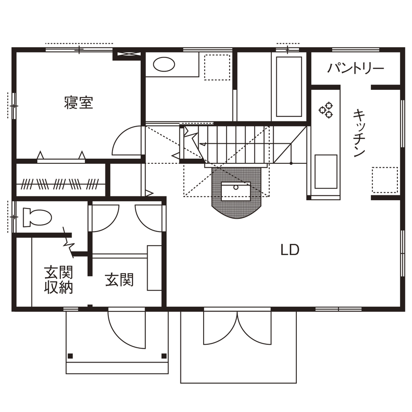 いい家つくる。善匠 【2000万円台｜間取り有】30坪のおしゃれな２階建て「薪ストーブのあるリビングに家族が自然に集まります」の間取り図（3LDK）１階