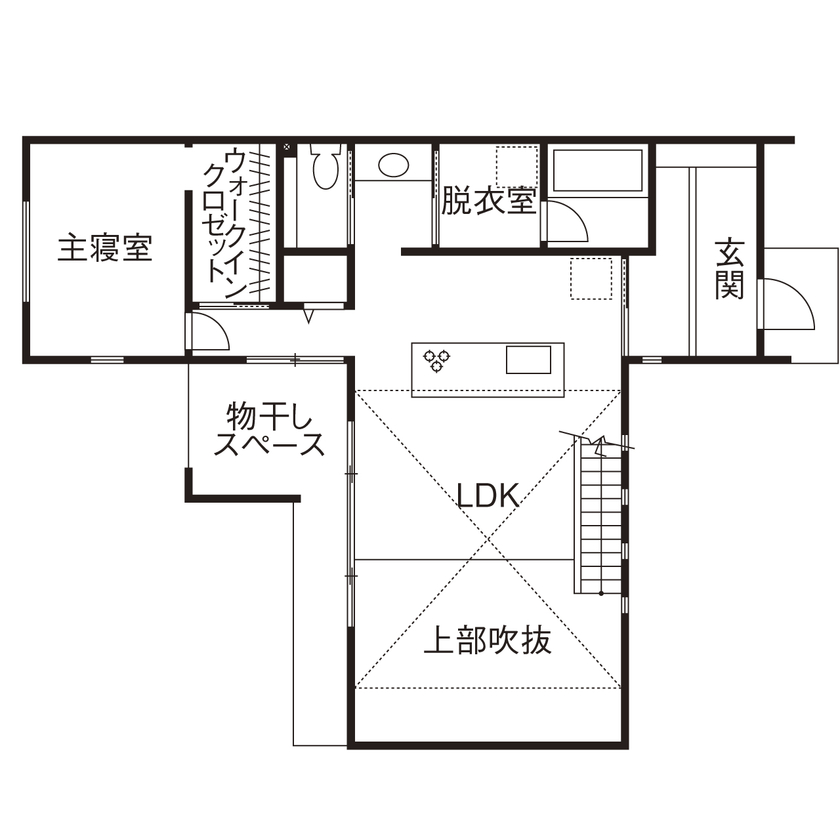 いい家つくる。善匠 【2000万円台｜吹抜リビング｜間取り有】求めたのは開放感とかっこよさ。20代で建てた平屋的に暮らせる家の間取り図（3LDK＋ヌック）１階