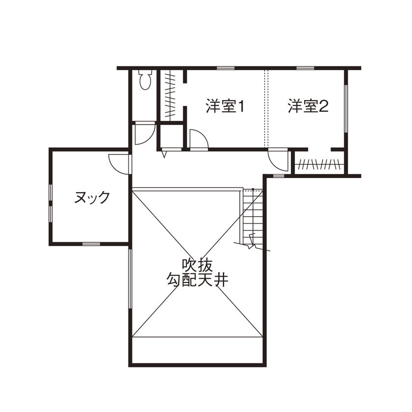 いい家つくる。善匠 【2000万円台｜吹抜リビング｜間取り有】求めたのは開放感とかっこよさ。20代で建てた平屋的に暮らせる家の間取り図（3LDK＋ヌック）２階