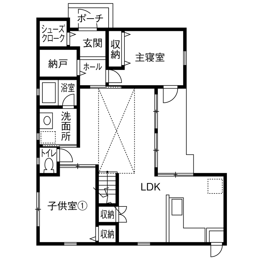 茂山組 蓄電池搭載の省エネ住宅。1階で暮らしが完結する平屋プラスワンの家の間取り図（4LDK）1階