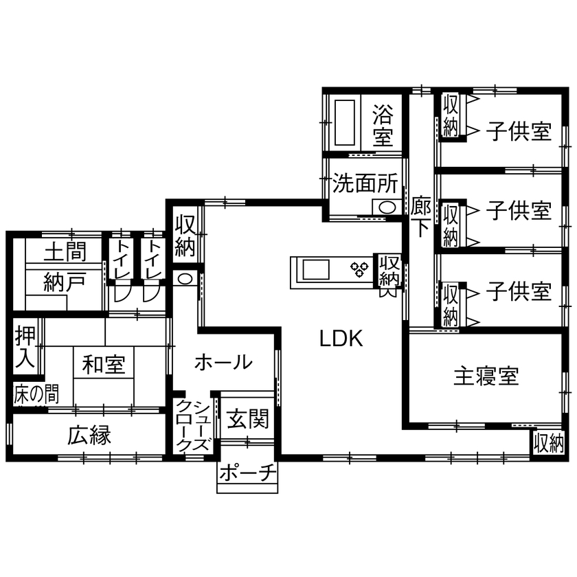 茂山組 明るくのびのび子どもが育つ、太陽光発電システム搭載の平屋の家の間取り図（5K以上）1階