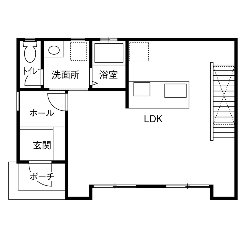 茂山組 縦型の窓と白壁に合わせたウッドが都会的なデザインの家の間取り図（3LDK）1階