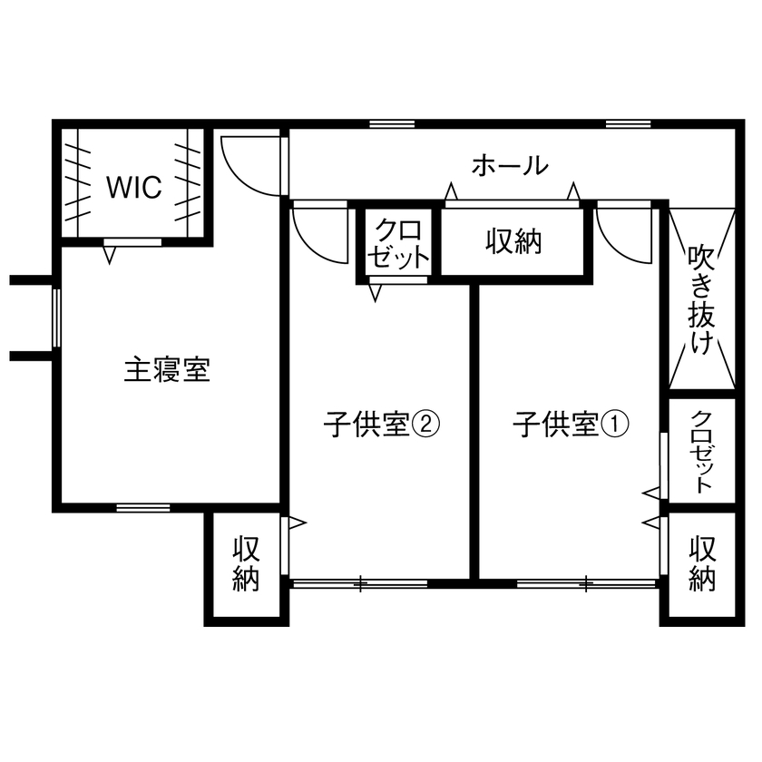 茂山組 縦型の窓と白壁に合わせたウッドが都会的なデザインの家の間取り図（3LDK）2階