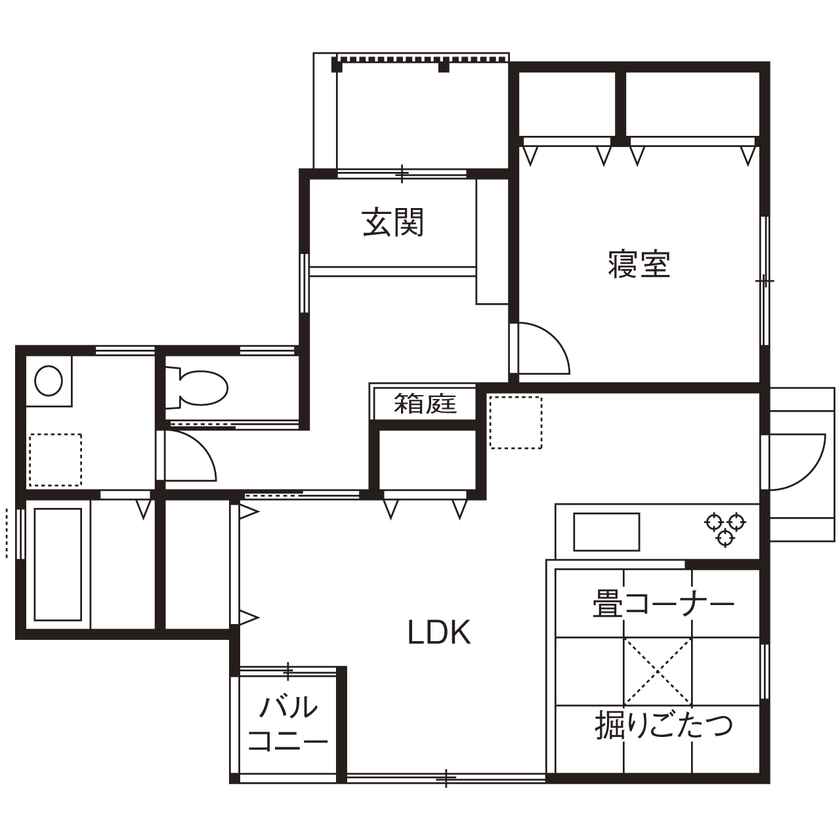 TDホーム静岡西　ウエストンホームズ ［静岡市｜30坪未満｜コンパクトな平屋】まるで京町屋「家ではほとんど掘りごたつで過ごしています」の間取り図（1LDK＋畳コーナー）１階