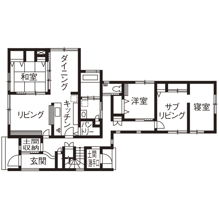 TDホーム静岡西　ウエストンホームズ 【静岡市｜二世帯住宅】三世代にやさしい天然木の高性能住宅。坪庭のあるバスルームは旅館のようの間取り図（2LDK+1L+2L+納戸）１階