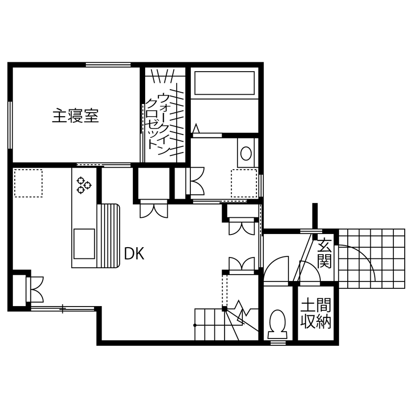 TDホーム静岡西　ウエストンホームズ 【静岡市｜1000万円台｜21.2坪｜平屋ライク】１階で暮らしが完結♪愛犬と暮らすレトロモダンな無垢の家の間取り図（2DK＋WIC+納戸）1階