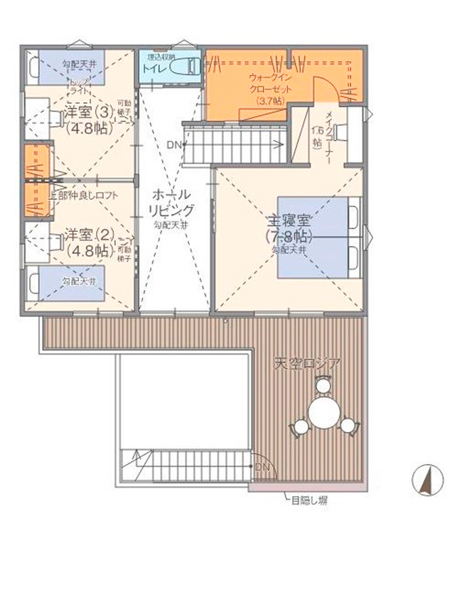 高橋開発の注文住宅 【大阪/2300万円台/2階建て/ロジア/間取り図有】中庭で存分に遊べるカリフォルニアスタイルのお家の間取り図（4LDK）2階