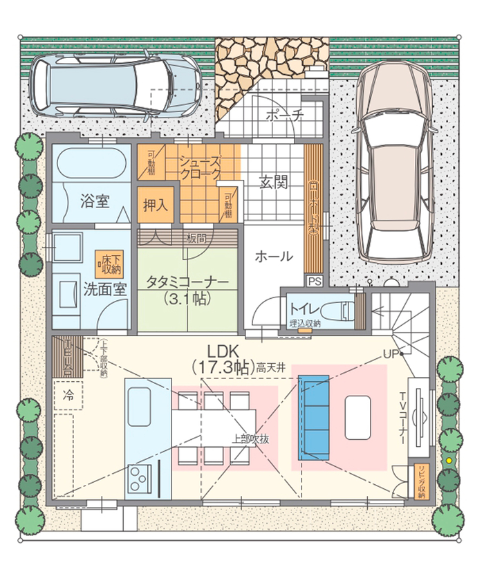 高橋開発の注文住宅 【大阪/2100万円台/2階建て/吹抜け/30坪/間取り図有】畳コーナーとLDKで20畳の自然光をたっぷり感じるお家の間取り図（3LDK＋畳コーナー）1階