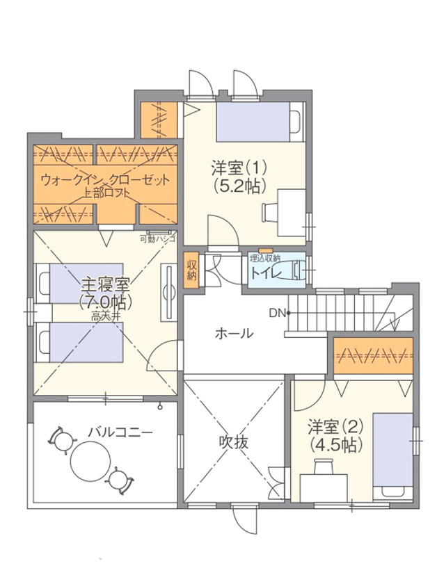 高橋開発の注文住宅 【大阪/2100万円台/2階建て/吹抜け/30坪/間取り図有】畳コーナーとLDKで20畳の自然光をたっぷり感じるお家の間取り図（3LDK＋畳コーナー）2階