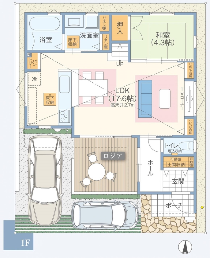 高橋開発の注文住宅 【大阪/1700万円台/ロジア/2階建て/ロフト/間取り図有】緑が映えるボタニカルな中庭のある30坪の家の間取り図（4LDK＋ロジア）1階