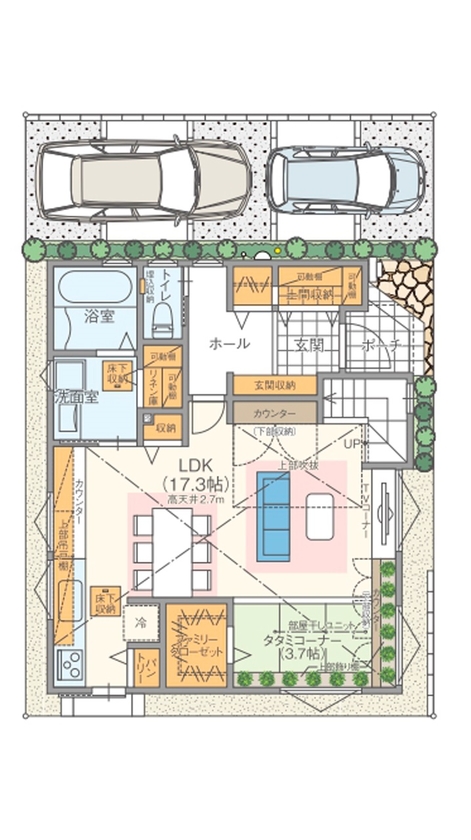 高橋開発の注文住宅 【大阪/2,180万円/延床30坪/間取り図有】吹抜けと採光で明るく暮らすファミリークローゼットのあるお家の間取り図（3LDK＋タタミコーナー）1階