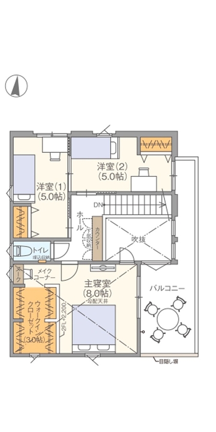 高橋開発の注文住宅 【大阪/2,180万円/延床30坪/間取り図有】吹抜けと採光で明るく暮らすファミリークローゼットのあるお家の間取り図（3LDK＋タタミコーナー）2階