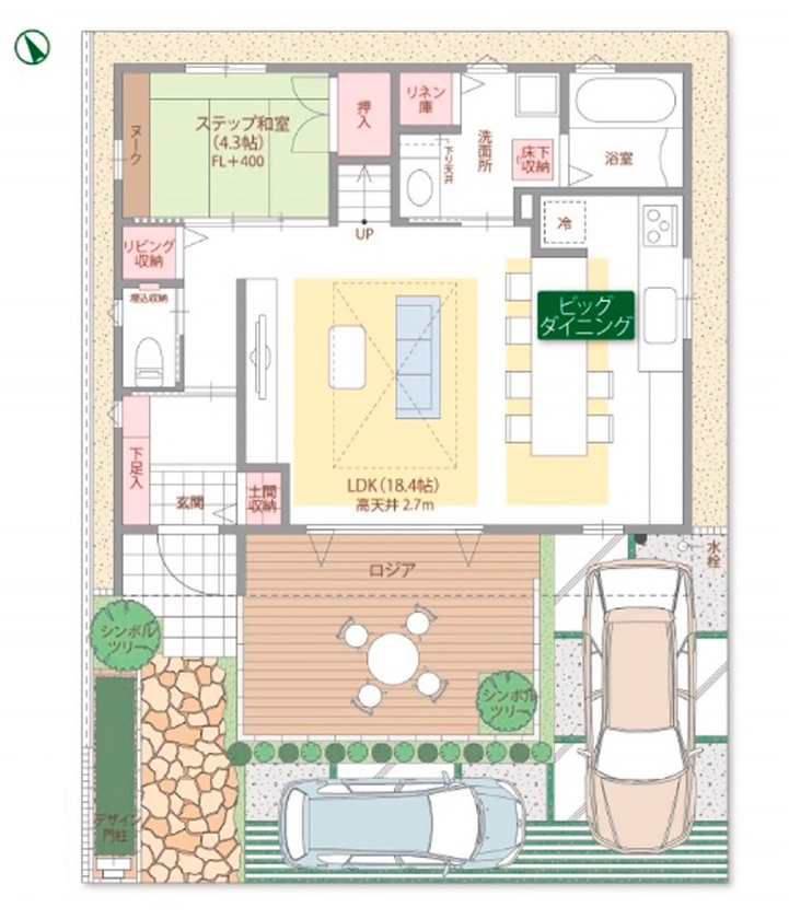 高橋開発の注文住宅 【大阪/2100万円台/吹き抜け/ロジア/間取り図有】プライバシー性の高い屋外空間とヴィンテージ感漂うお家の間取り図（4LDK＋ロジア）1階