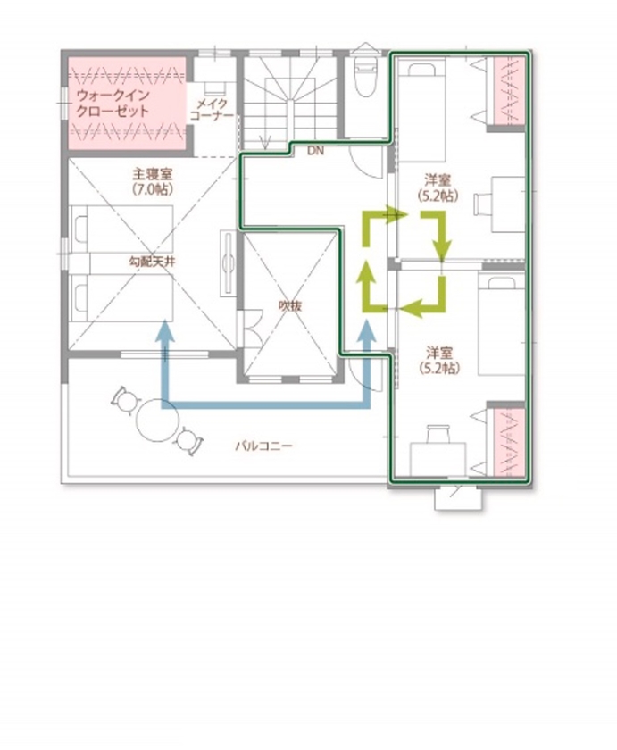 高橋開発の注文住宅 【大阪/2100万円台/吹き抜け/ロジア/間取り図有】プライバシー性の高い屋外空間とヴィンテージ感漂うお家の間取り図（4LDK＋ロジア）2階
