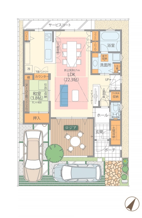 高橋開発の注文住宅 【大阪/2400万円台/吹抜け/延床36坪/間取り図有】天井高2.7ｍのLDKとファミリーロッカーのある収納充実な家の間取り図（4LDK＋ロジア）1階