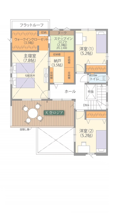 高橋開発の注文住宅 【大阪/2400万円台/吹抜け/延床36坪/間取り図有】天井高2.7ｍのLDKとファミリーロッカーのある収納充実な家の間取り図（4LDK＋ロジア）2階