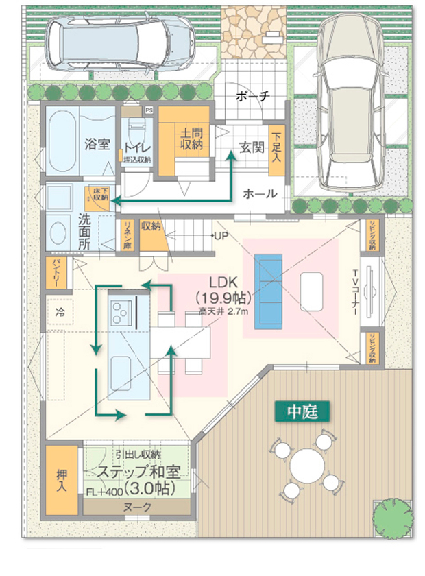 高橋開発の注文住宅 【大阪/2300万円台/中庭/延床33坪/間取り図有】土間収納やWICと収納充実でスッキリ暮らせる住まいの間取り図（4LDK＋中庭）1階