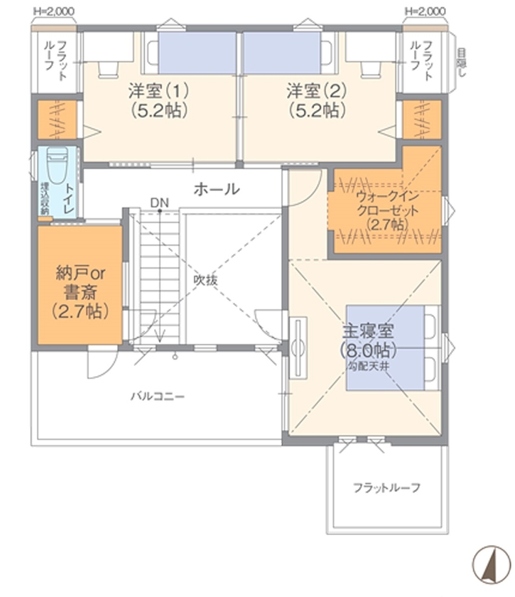 高橋開発の注文住宅 大阪/2200万円台/延床33坪/ロジア/間取り図有】吹き抜けとバルコニーでダイナミックな空間が目を惹く家の間取り図（4LDK＋ロジア）2階