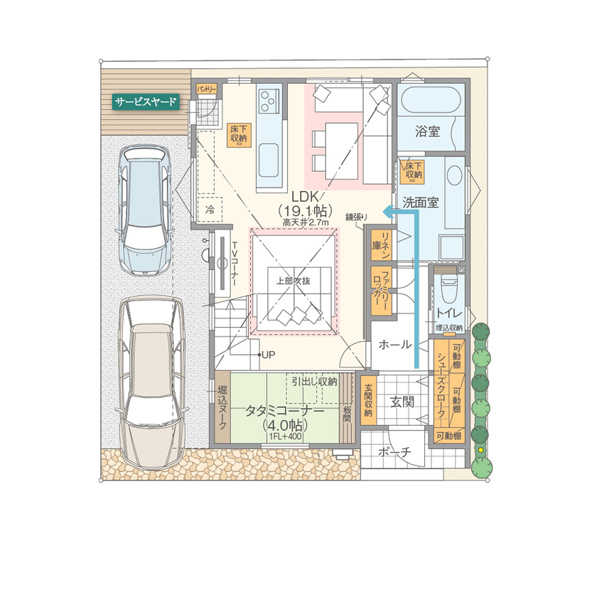 高橋開発の注文住宅 【大阪/2600万円台/延床32坪/間取り図有】ダイニングでの過ごし方を大切に考えた開放感溢れるくつろぎの家の間取り図（3LDK）1階