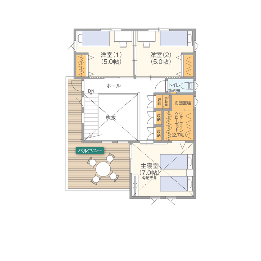 高橋開発の注文住宅 【大阪/2600万円台/延床32坪/間取り図有】ダイニングでの過ごし方を大切に考えた開放感溢れるくつろぎの家の間取り図（3LDK）2階