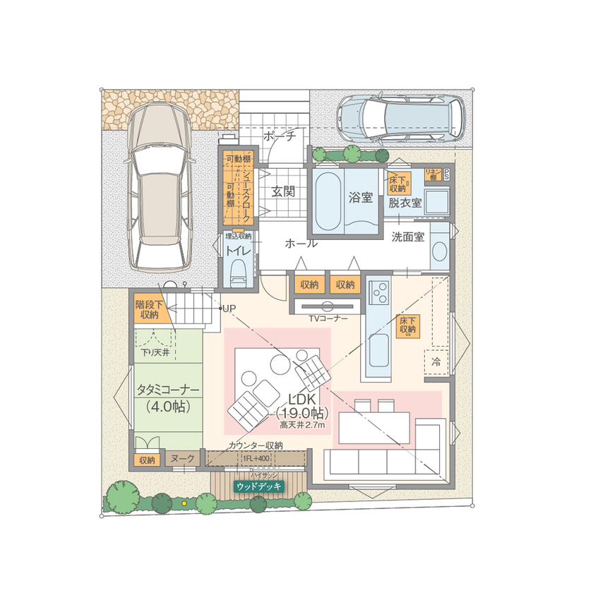 高橋開発の注文住宅 【大阪/2700万円台/延床33坪/間取り図有】広々リビングで家族それぞれが好きな時間を過ごせるくつろぎの家の間取り図（3LDK）1階