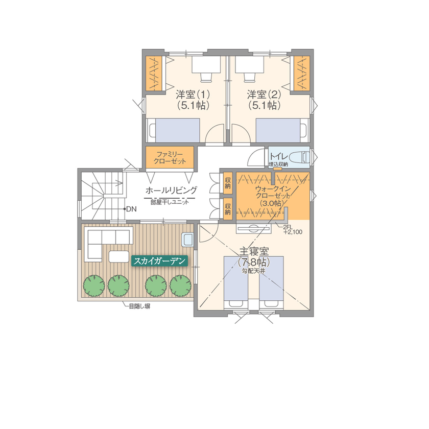 高橋開発の注文住宅 【大阪/2700万円台/延床33坪/間取り図有】広々リビングで家族それぞれが好きな時間を過ごせるくつろぎの家の間取り図（3LDK）2階