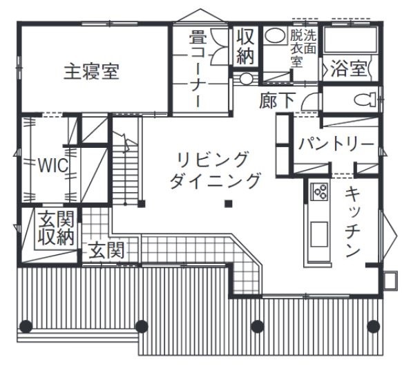 イバケン 【間取り図有】光と木の心地よさに包まれて…自然を味わう贅沢な1.5階建ての平屋の間取り図（2LDK）1階