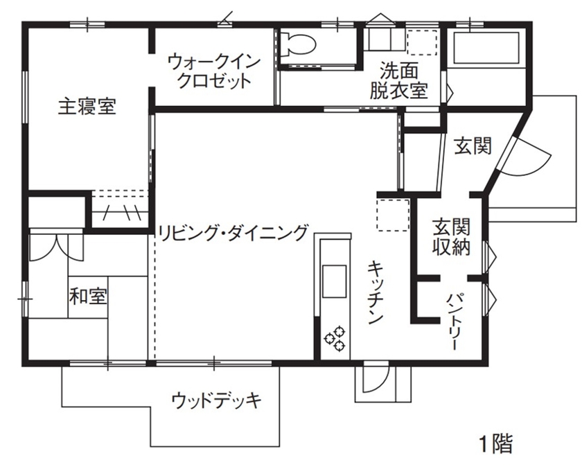 イバケン 檜の夫婦柱が支える大空間。笑い声がやさしく響く平屋の間取り図（2LDK）1階