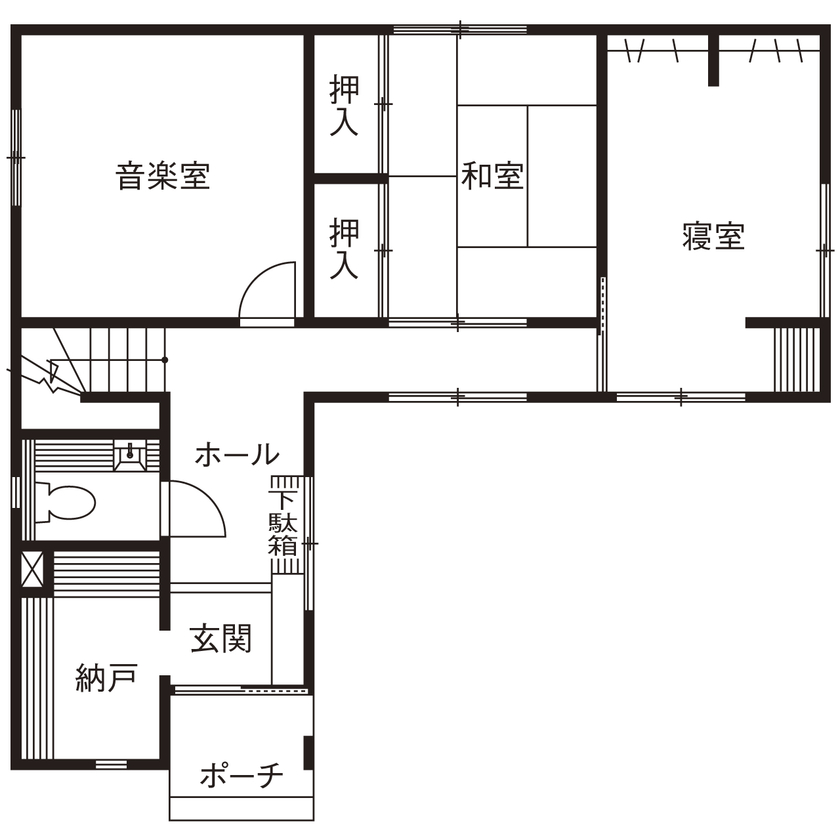 建築工房わたなべ（富士市） 【富士市/2000～2499万円/太陽光/防音室/間取り図有】自然を感じながら、音楽や猫との暮らしを楽しむ家の間取り図（4LDK）1階