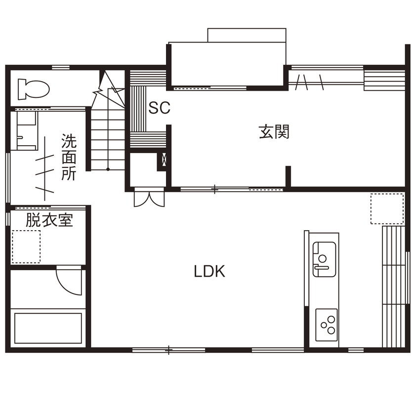 建築工房わたなべ（富士市） 【富士市/2400万円～2499万円/子育て/間取図有】空間がオープンにつながるインダストリアルテイストの家の間取り図（4LDK＋フリースペース）1階