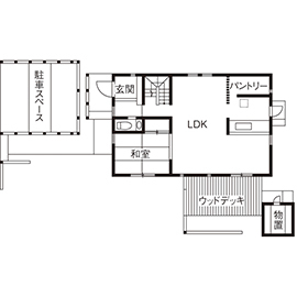 BAUHOUSE -住まい設計工房バウハウス- 【ガレージハウス/36坪/間取り図】季節ごとに楽しめる庭の植栽。１年中心地が良いシンプルモダンな暮らしの間取り図（3LDK）1階