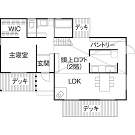 BAUHOUSE -住まい設計工房バウハウス- 【34坪/間取り図/平屋】片流れ屋根が美しく田園風景に映える家の間取り図（3LDK）1階