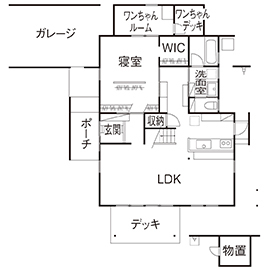 BAUHOUSE -住まい設計工房バウハウス- 【アトリエ/土間/42坪/間取り図】平屋風の味わいあるガレージハウスで、愛犬との暮らしを愉しむの間取り図（3LDK）1階