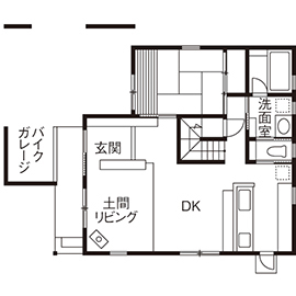 BAUHOUSE -住まい設計工房バウハウス- 【吹抜け/土間/39坪/間取り図】土間リビング、バイクガレージのある大屋根の家の間取り図（3LDK）1階