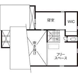 BAUHOUSE -住まい設計工房バウハウス- 【吹抜け/土間/39坪/間取り図】土間リビング、バイクガレージのある大屋根の家の間取り図（3LDK）2階