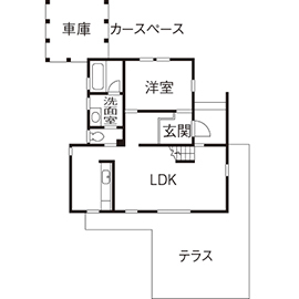 BAUHOUSE -住まい設計工房バウハウス- 【吹抜け/39坪/間取り図】まるで毎日がアウトドアライフ。薪ストーブを備えたロフト付きの平屋風住宅の間取り図（3LDK）1階