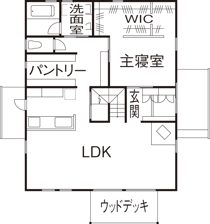 BAUHOUSE -住まい設計工房バウハウス- 【平屋風/切妻屋根/36坪/間取り図】ウッドデッキから見渡す景色に感じる「我が家がリゾートになる幸せ」の間取り図（3LDK）1階