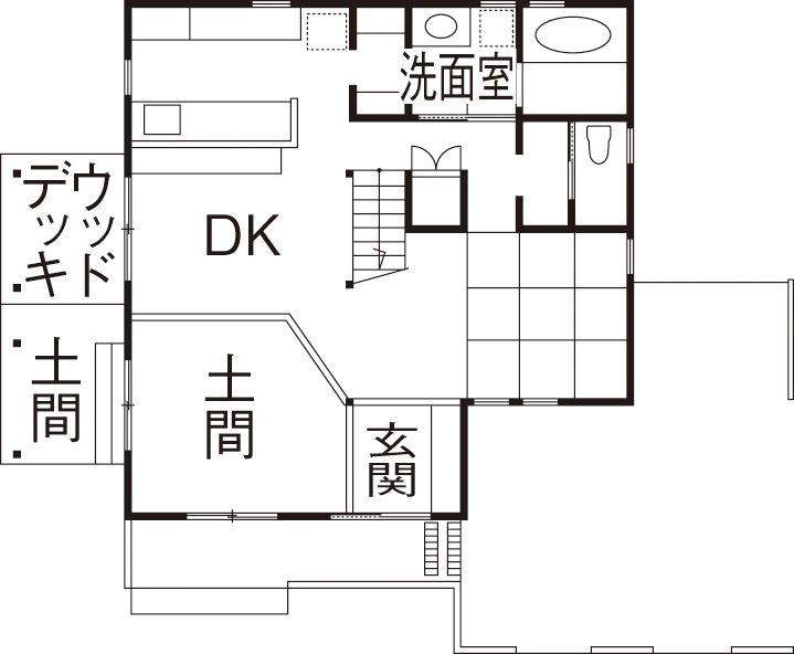 BAUHOUSE -住まい設計工房バウハウス- 【ガレージ/土間/平屋風/35坪/間取り図】薪ストーブ1台で床暖房なしで過ごせる子育ての住まいの間取り図（3LDK）1階