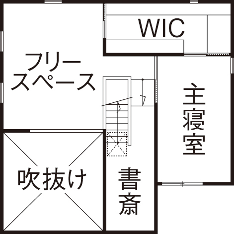 BAUHOUSE -住まい設計工房バウハウス- 【ガレージ/土間/平屋風/35坪/間取り図】薪ストーブ1台で床暖房なしで過ごせる子育ての住まいの間取り図（3LDK）2階