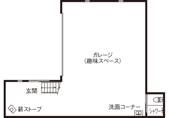 BAUHOUSE -住まい設計工房バウハウス- 【2階建て/吹抜け/ガレージハウス/37坪/間取り図】3台の愛車と共に遊びのつまった趣味空間の間取り図（1LDK）1階