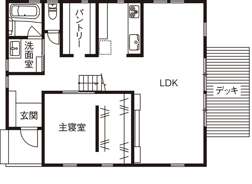 BAUHOUSE -住まい設計工房バウハウス- 【2階建て/家庭菜園/35坪/間取り図】子育て世代の「住・食・遊・育」を備えている平屋風の住まいの間取り図（2LDK）1階