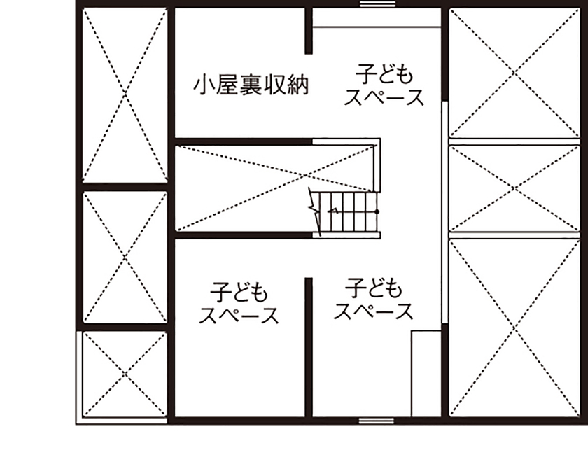 BAUHOUSE -住まい設計工房バウハウス- 【2階建て/家庭菜園/35坪/間取り図】子育て世代の「住・食・遊・育」を備えている平屋風の住まいの間取り図（2LDK）2階