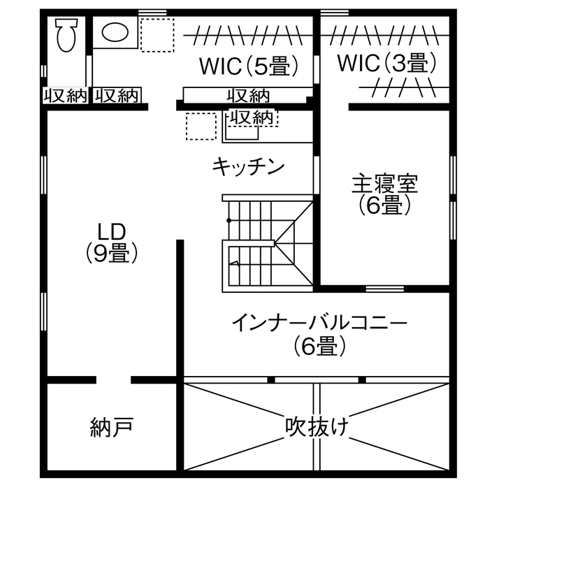 BAUHOUSE -住まい設計工房バウハウス- 【2階建て/42坪/間取り図】3世代がほど良い距離感で、仲良く快適に暮らす「思いをつなぐ家」の間取り図（2LLDDKK）2階