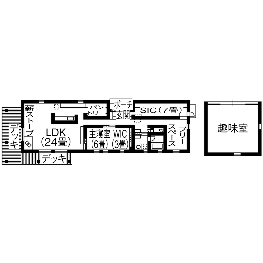 BAUHOUSE -住まい設計工房バウハウス- 【平屋/42坪/間取り図】緑に映える山小屋風の外観が素敵。豊かな暮らしが叶う「広がる空と要望を楽しむ家」の間取り図（1LDK）1階