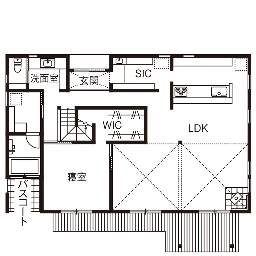 BAUHOUSE -住まい設計工房バウハウス- 【平屋風/ガレージ/檜風呂/54坪/間取り図】余暇を心から愉しむ家。時を経てもすたれないデザインの間取り図（2LDK）1階